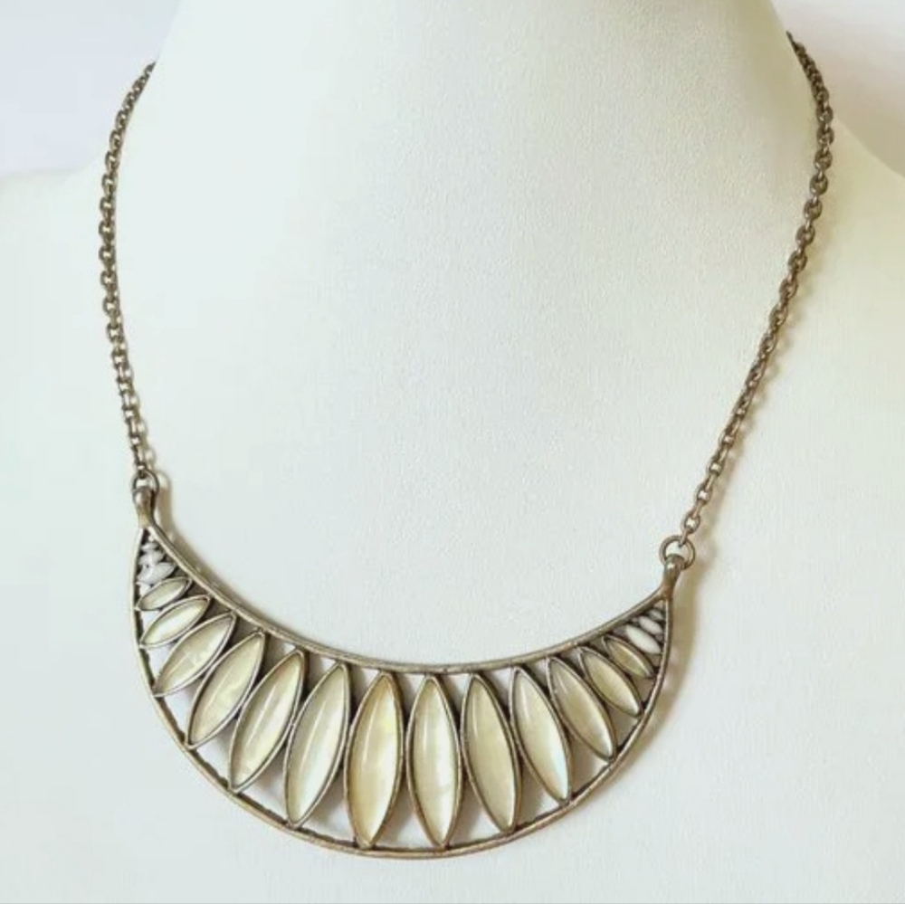 LUCKY BRAND bib necklace tribal boho collar metal brass cream reversible EUC